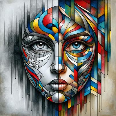 The primary subject of the image is a painting of a woman's face, which is a mix of different colors and patterns. The setting is a canvas, and the visual style is a combination of digital art and illustration. The colors and mood of the painting are vibrant and lively, with a mix of red, blue, yellow, and green hues. The painting features a woman's face with a mix of different patterns and colors, creating a unique and visually striking piece of art.